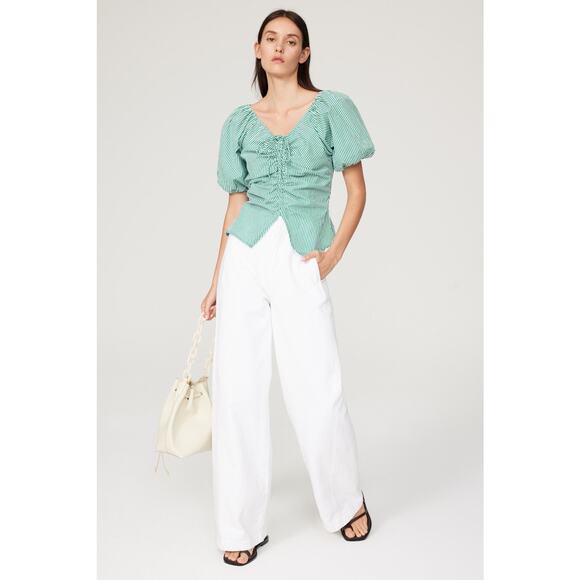 LISA SAYS GAH Green White Striped 100% Cotton Short Sleeve Margaret Top Size XS - Picture 2 of 12